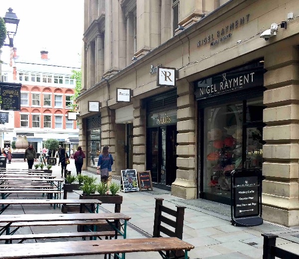 Entrance to Therapy in Manchester, Old Bank Street with St Ann’s Square beyond, Manchester city centre